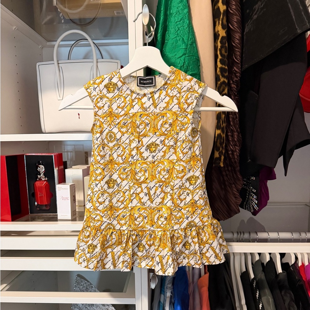 Versace Girls White and Gold Baroque Print Ruffle Dress